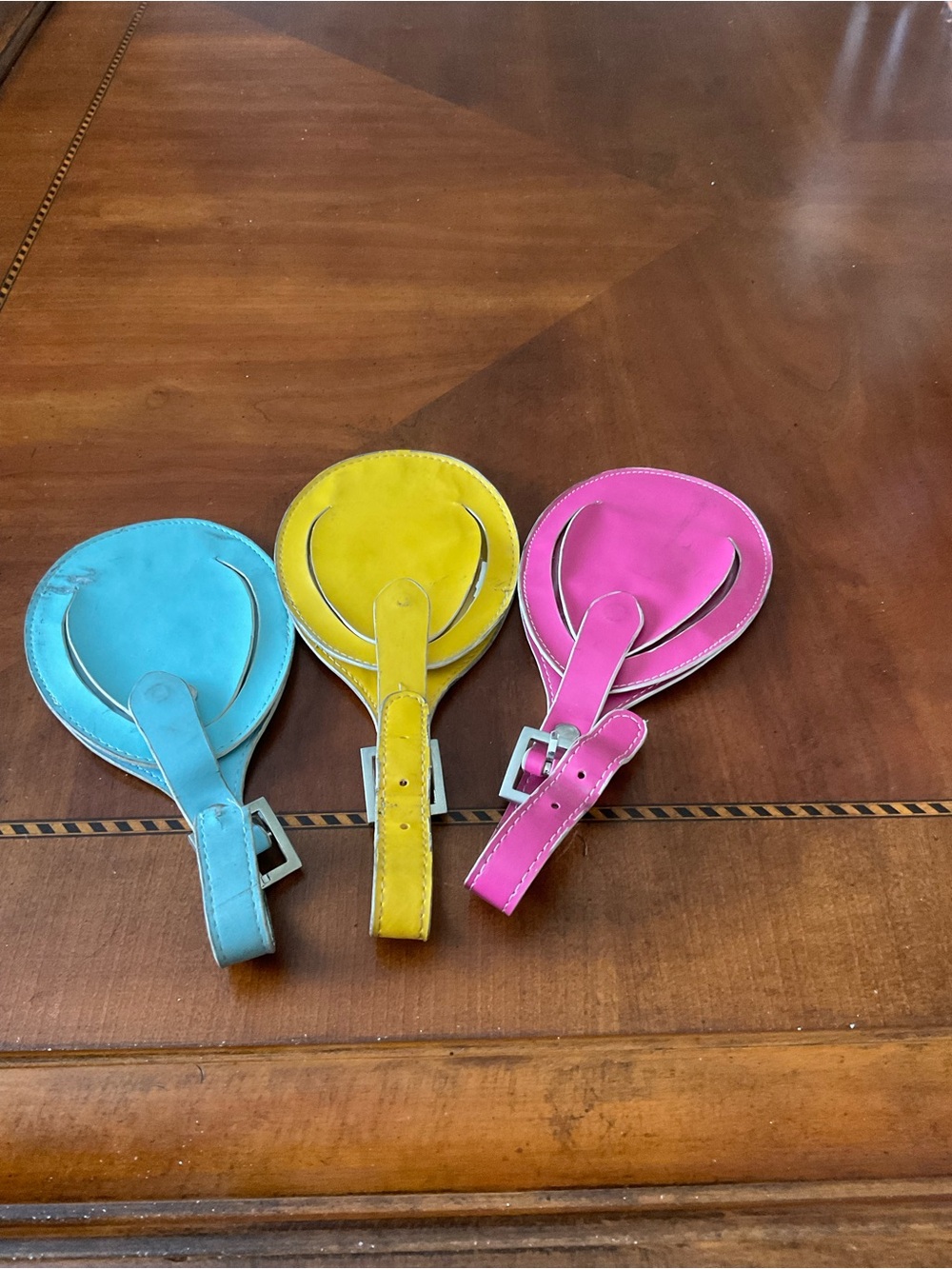 Set of 3 Colorful Round Leather Luggage Tags - Blue, Yellow, Pink